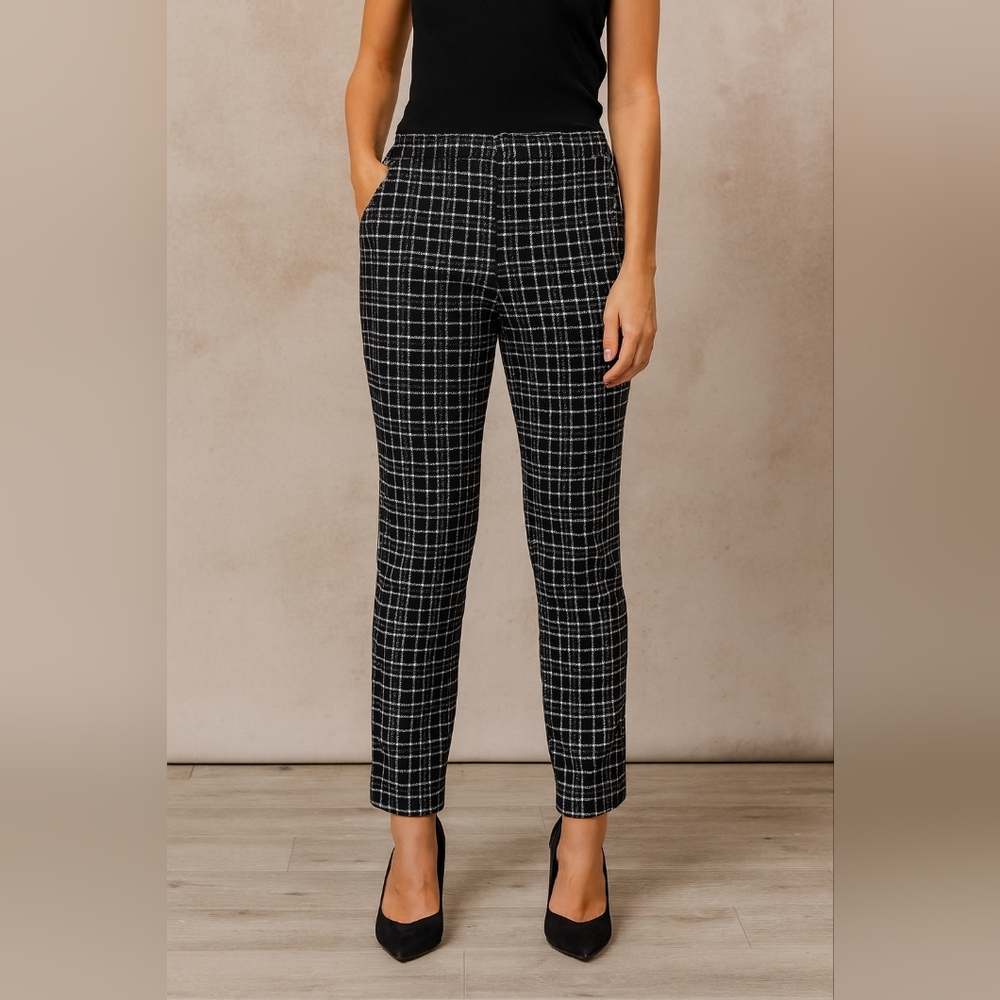 J. Jill Plaid Dress Pants Ponte Slim Leg Stretch Elastic Waist Pull On Sz Small